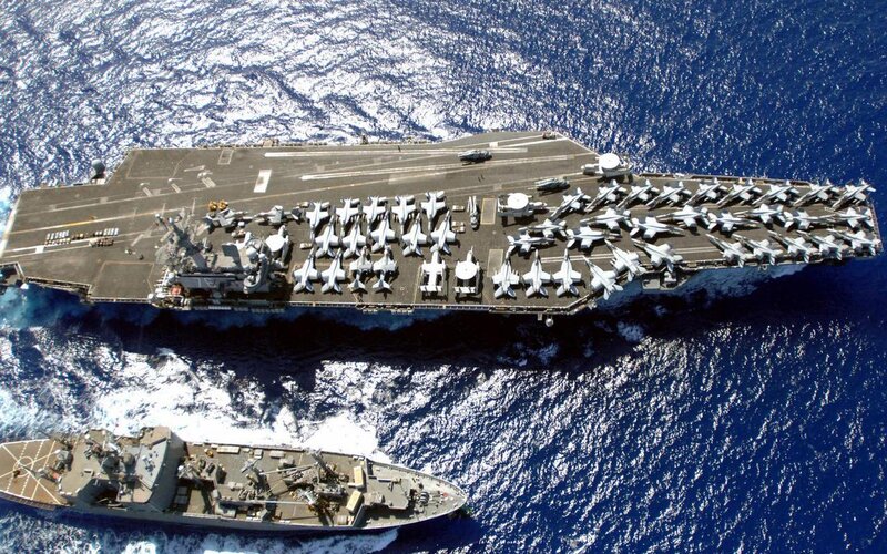 Aircraft Carrier at Sea — Blue, Dramatic, Afternoon, Photograph, Warship, Fighter Jets