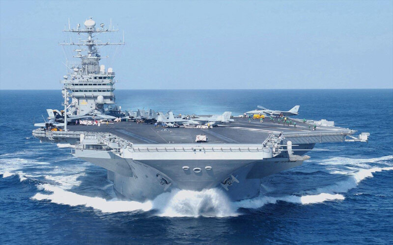 Aircraft Carrier at Sea — Blue, Dramatic, Afternoon