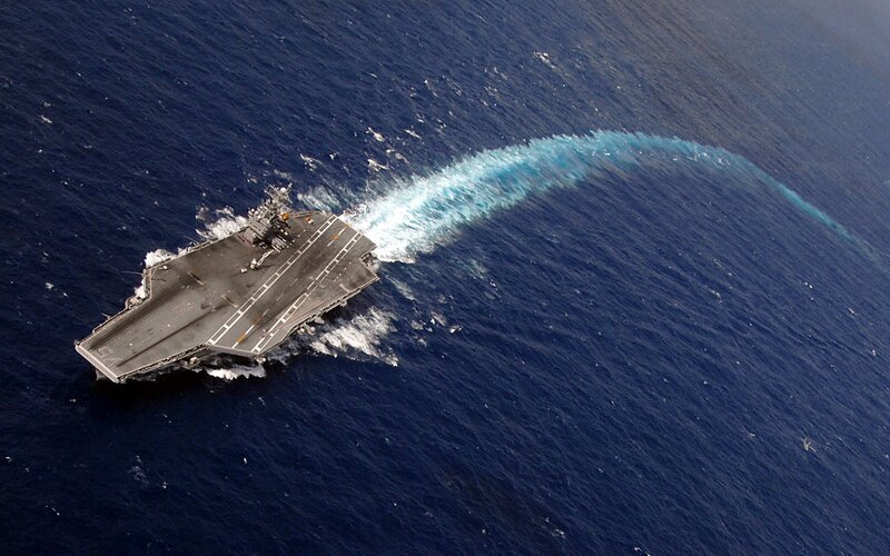 Aircraft Carrier at Sea — Blue, Dramatic, Photograph