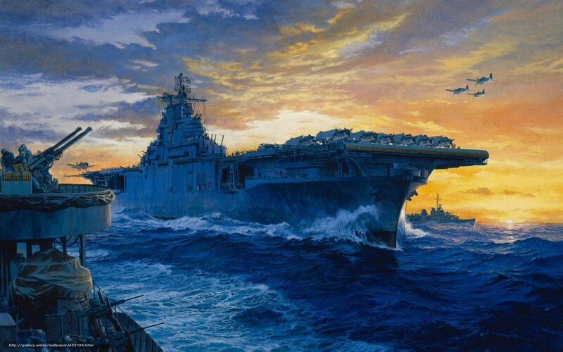 Aircraft Carrier at Sea — Blue, Dramatic, Sunset, Illustration