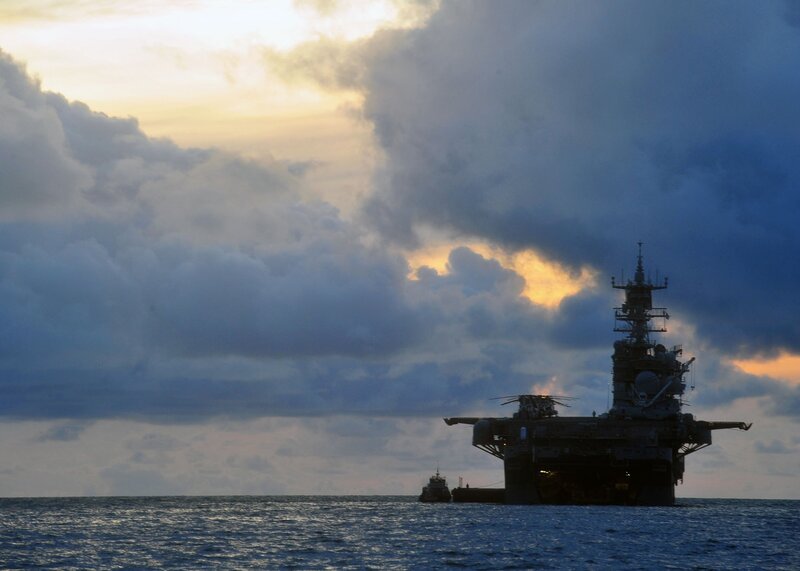 Aircraft Carrier at Sea — Blue, Dramatic, Sunset, Photograph, Ship