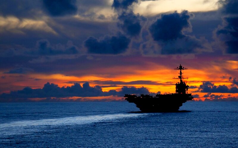 Aircraft Carrier at Sea — Blue, Dramatic, Sunset, Photograph
