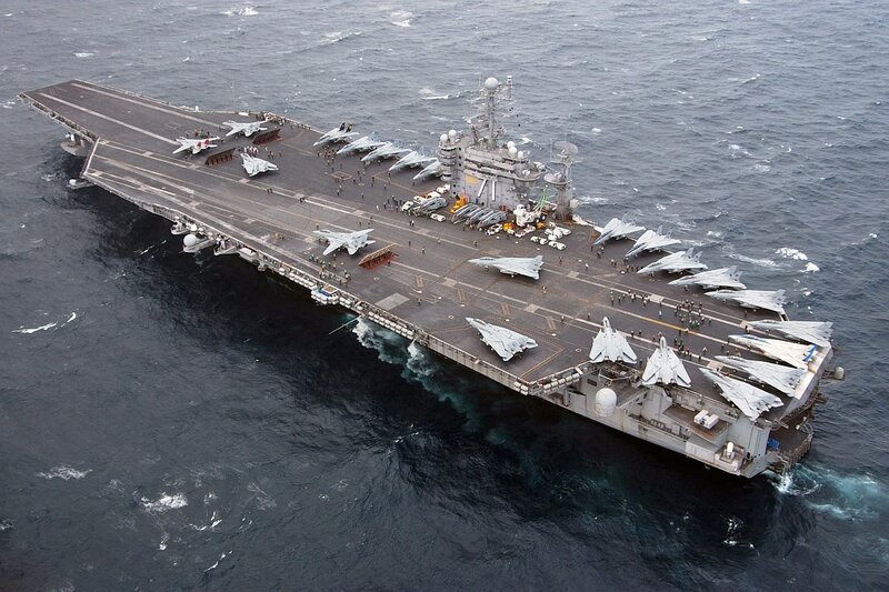 Aircraft Carrier at Sea — Gray, Dramatic, Photograph, Fighter Jets, Ocean, Crew