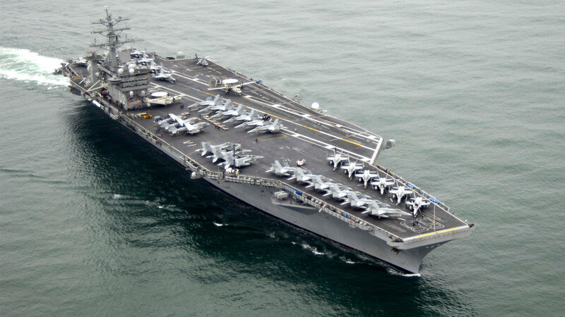 Aircraft Carrier at Sea — Gray, Dramatic, Photograph, Fighter Jets, Ocean, Ship