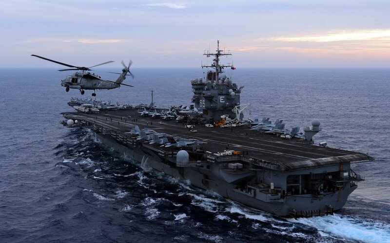 Aircraft Carrier at Sea — Gray, Dramatic, Sunset, Photograph