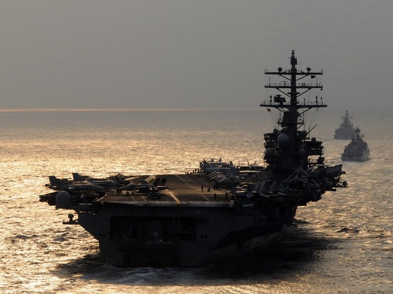 Aircraft Carrier at Sea — Gray, Dramatic, Sunset, Photograph, Warships