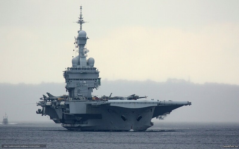 Aircraft Carrier at Sea — Gray, Overcast, Photograph, Helicopter