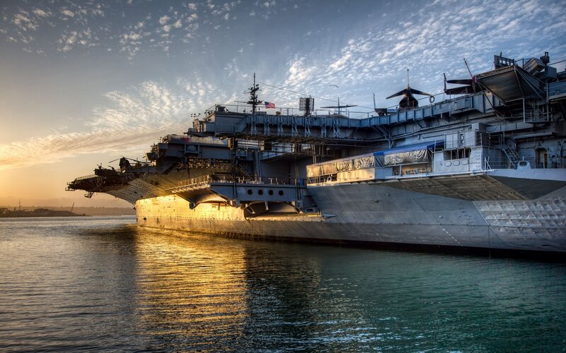 Aircraft Carrier at Sunset — Blue, Dramatic, Photograph, American Flag, Helicopter