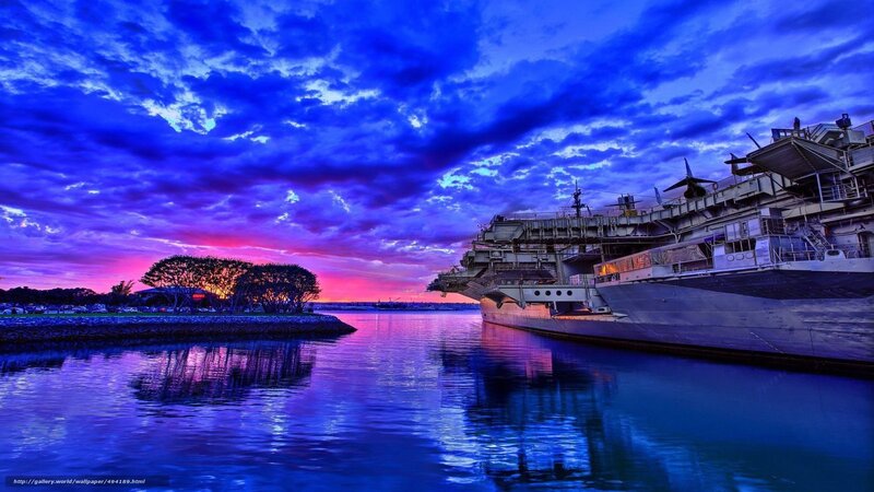 Aircraft Carrier at Sunset — Blue, Dramatic, Photograph, Ship, Sky