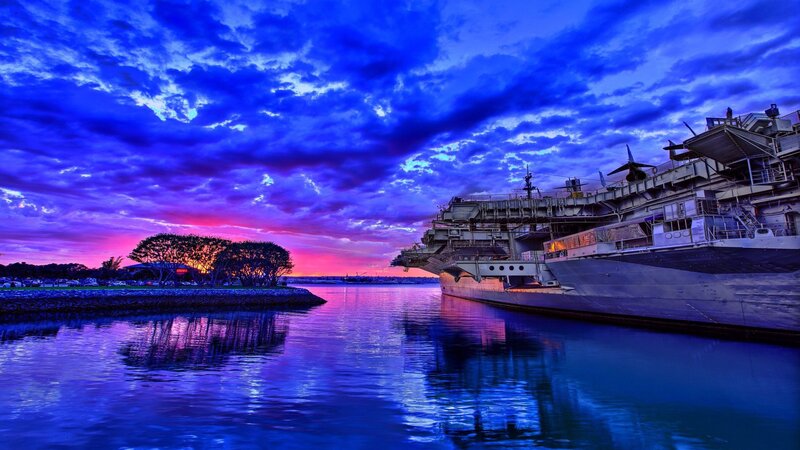Aircraft Carrier at Sunset — Blue, Dramatic, Photograph, Ship, Sky, Trees, Water, Purple