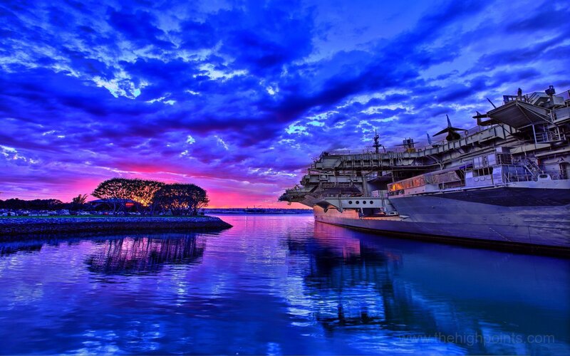 Aircraft Carrier at Sunset — Blue, Dramatic, Photograph, Ship