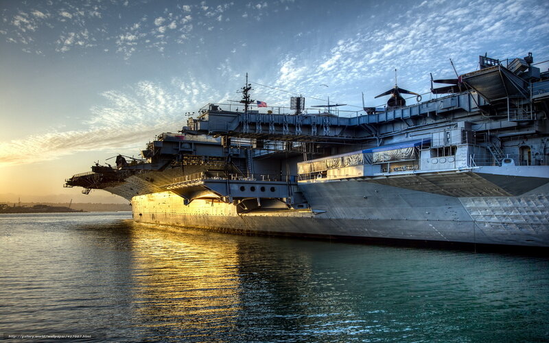 Aircraft Carrier at Sunset — Blue, Dramatic, Photograph, Ship, Water