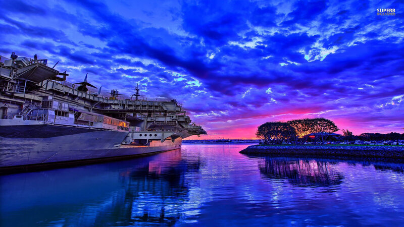 Aircraft Carrier at Sunset — Blue, Dramatic, Photograph, Sky
