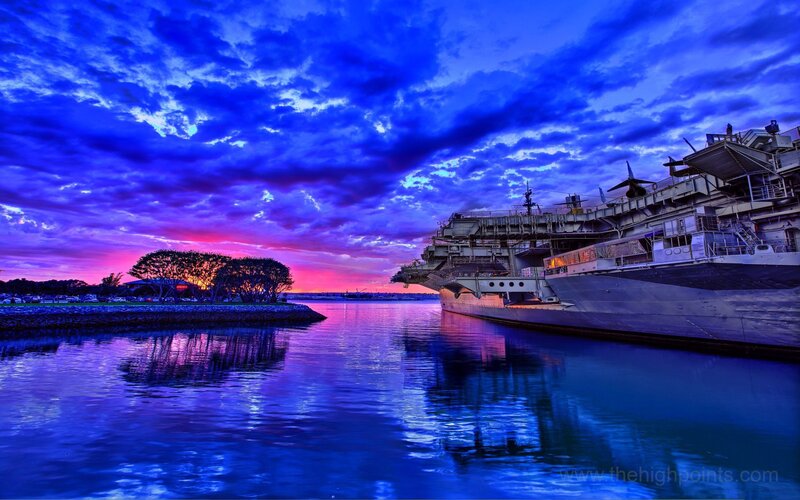 Aircraft Carrier at Sunset — Blue, Dramatic, Photograph, Sky, Trees