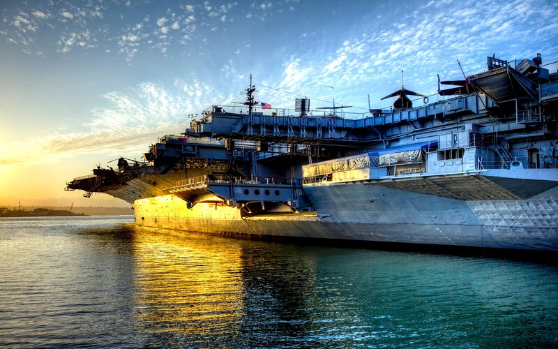 Aircraft Carrier at Sunset — Blue, Dramatic, Photograph