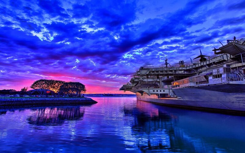 Aircraft Carrier at Sunset — Blue, Dramatic