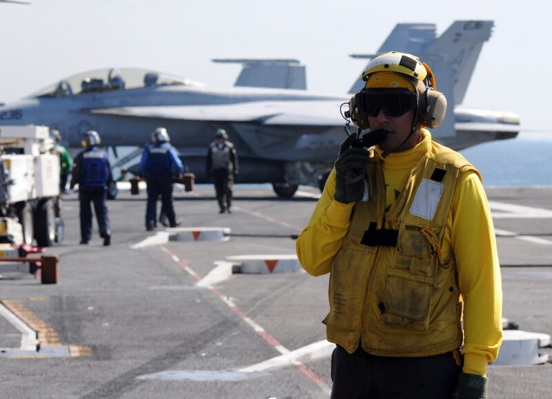 Aircraft Carrier Crew Member — Yellow, Active, Afternoon, Photograph, Fighter Jet