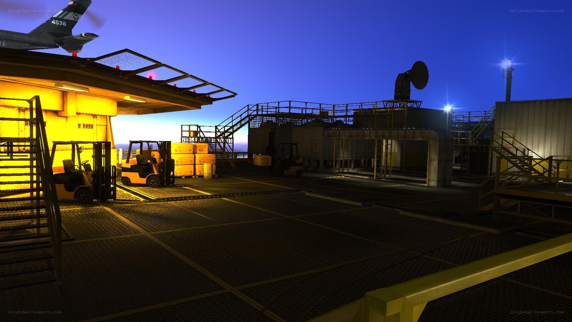 aircraft carrier deck at dusk