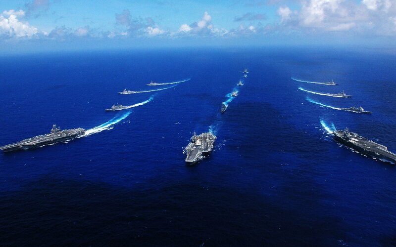Aircraft Carrier Fleet — Blue, Dramatic, Afternoon, Photograph, Ships, Ocean, Sky, Clouds