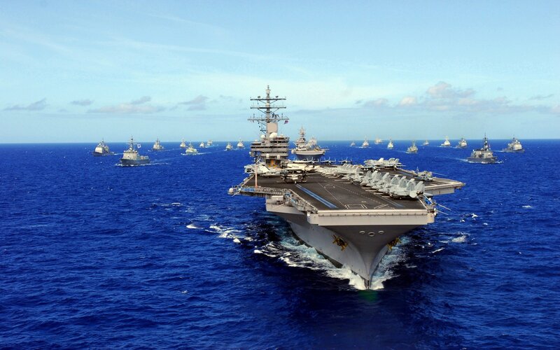 Aircraft Carrier Fleet — Blue, Dramatic, Afternoon, Photograph, Ships, Ocean, Sky, Planes