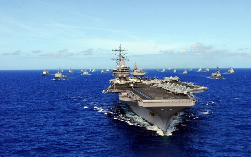 Aircraft Carrier Fleet — Blue, Dramatic, Afternoon, Photograph, Ships, Ocean, Sky