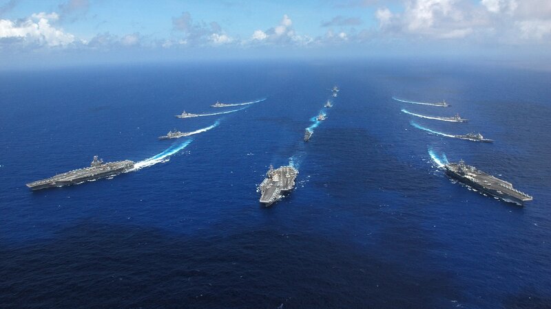 Aircraft Carrier Fleet — Blue, Dramatic, Afternoon, Photograph, Ships, Ocean, Sky, Wake