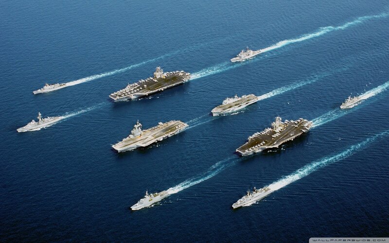 Aircraft Carrier Fleet — Blue, Dramatic, Afternoon, Photograph, Ships, Ocean, Wake