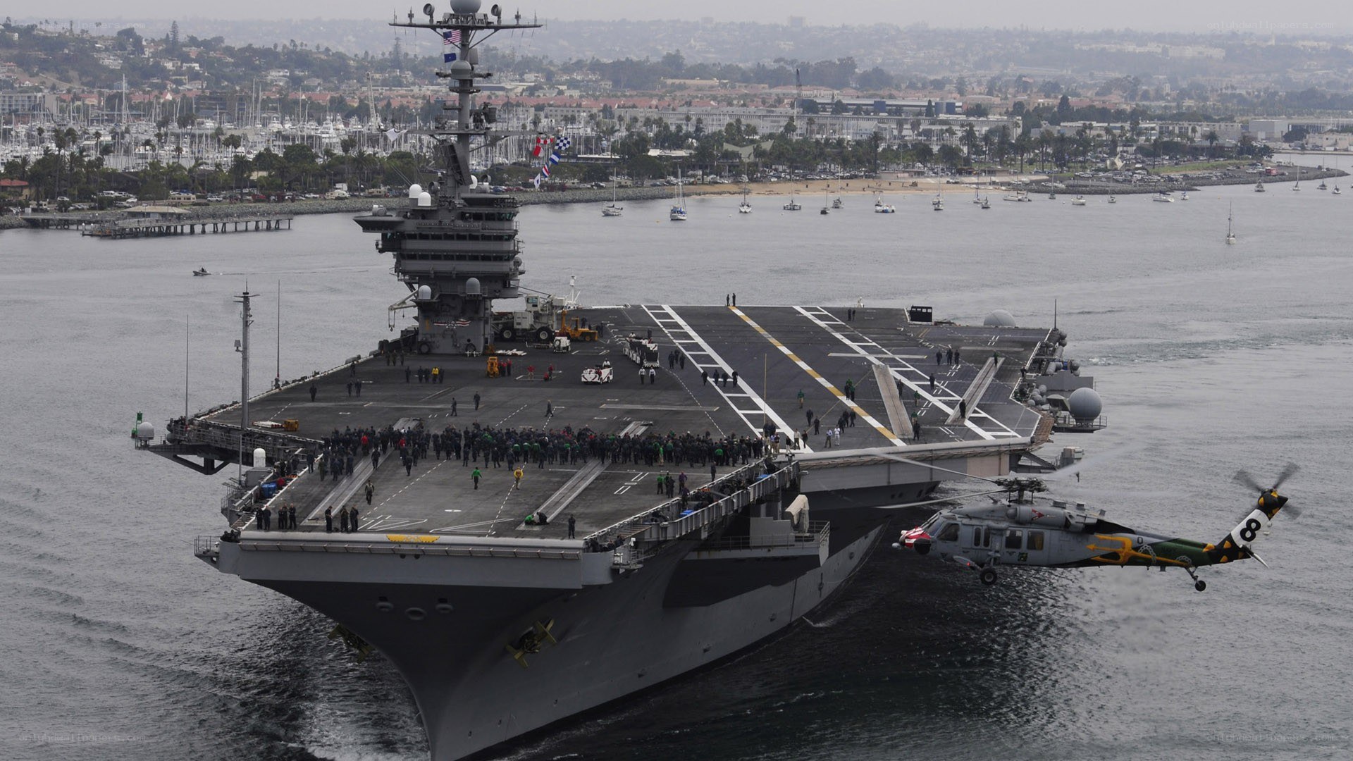 Aircraft carrier in harbor