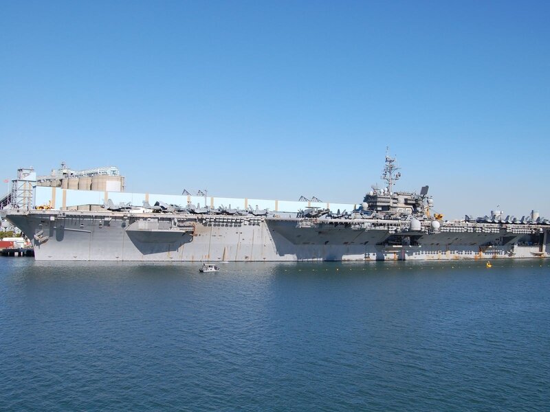 Aircraft Carrier in Harbor — Blue, Calm, Afternoon, Photograph, Ship