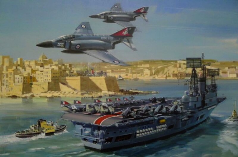 Aircraft Carrier in Harbor — Blue, Dramatic