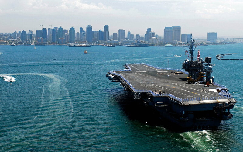 Aircraft Carrier in Harbor — Blue