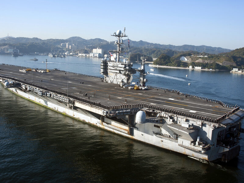Aircraft Carrier in Harbor — Gray, Calm, Afternoon, Photograph