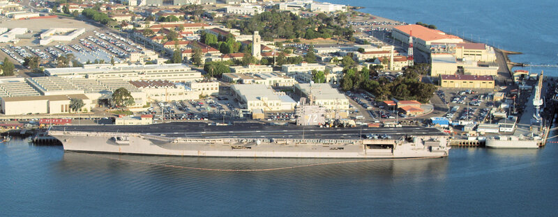 Aircraft Carrier in Harbor — Gray