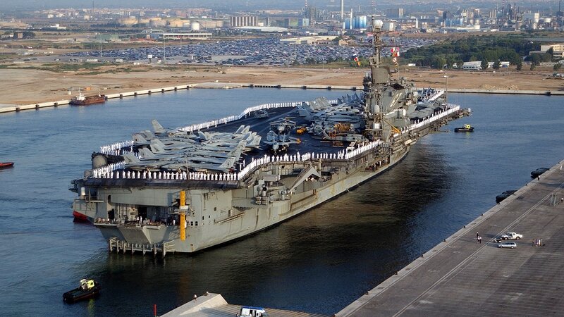 Aircraft carrier in port