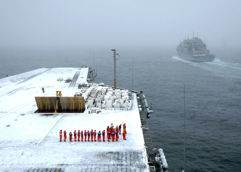 Aircraft carrier in snowy conditions