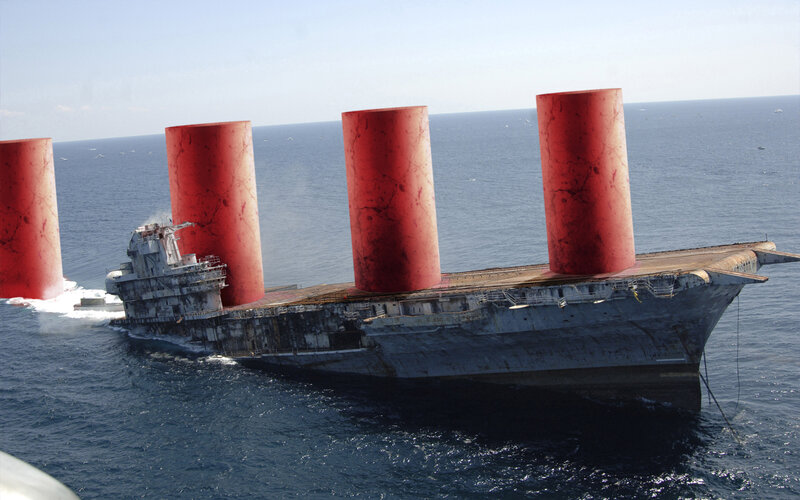 Aircraft carrier with red cylinders