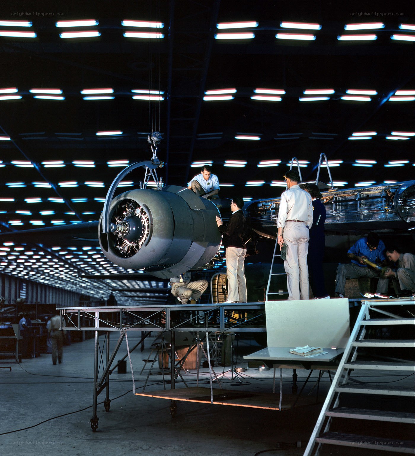 Aircraft engine assembly in factory