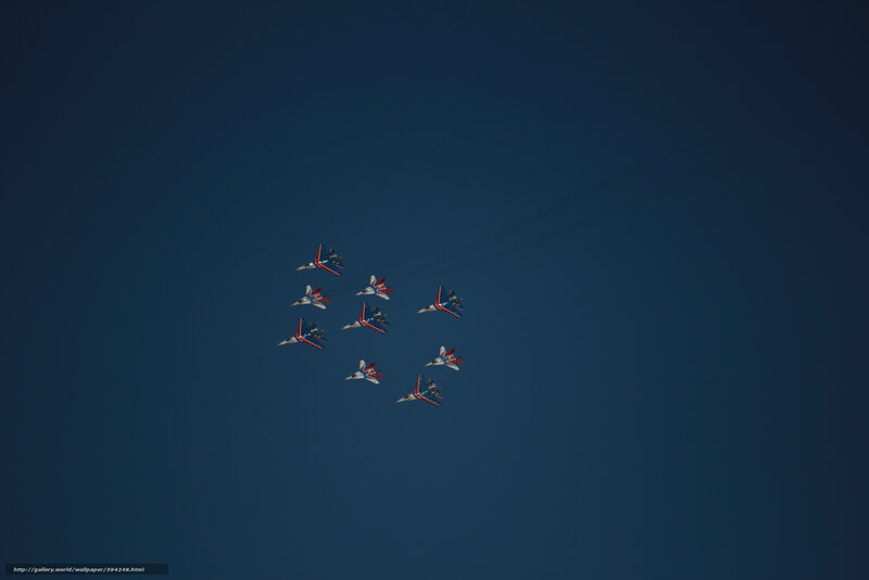 Aircraft Flying in Formation — Blue, Dramatic, Photograph