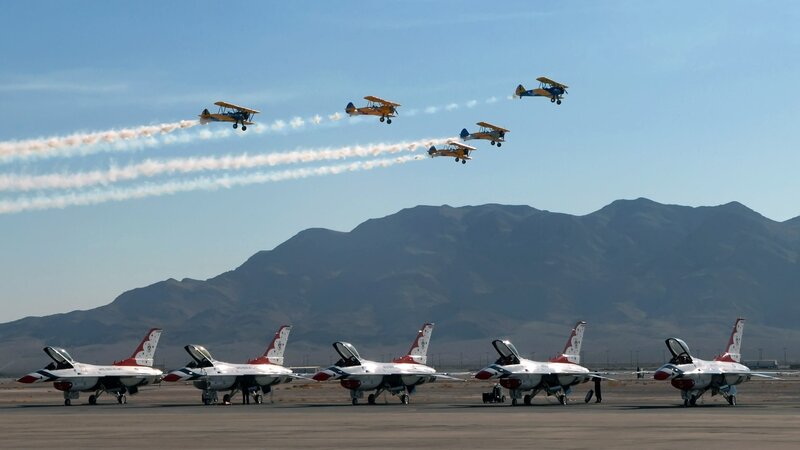 Aircraft Formation Flight — Blue, Dramatic, Afternoon