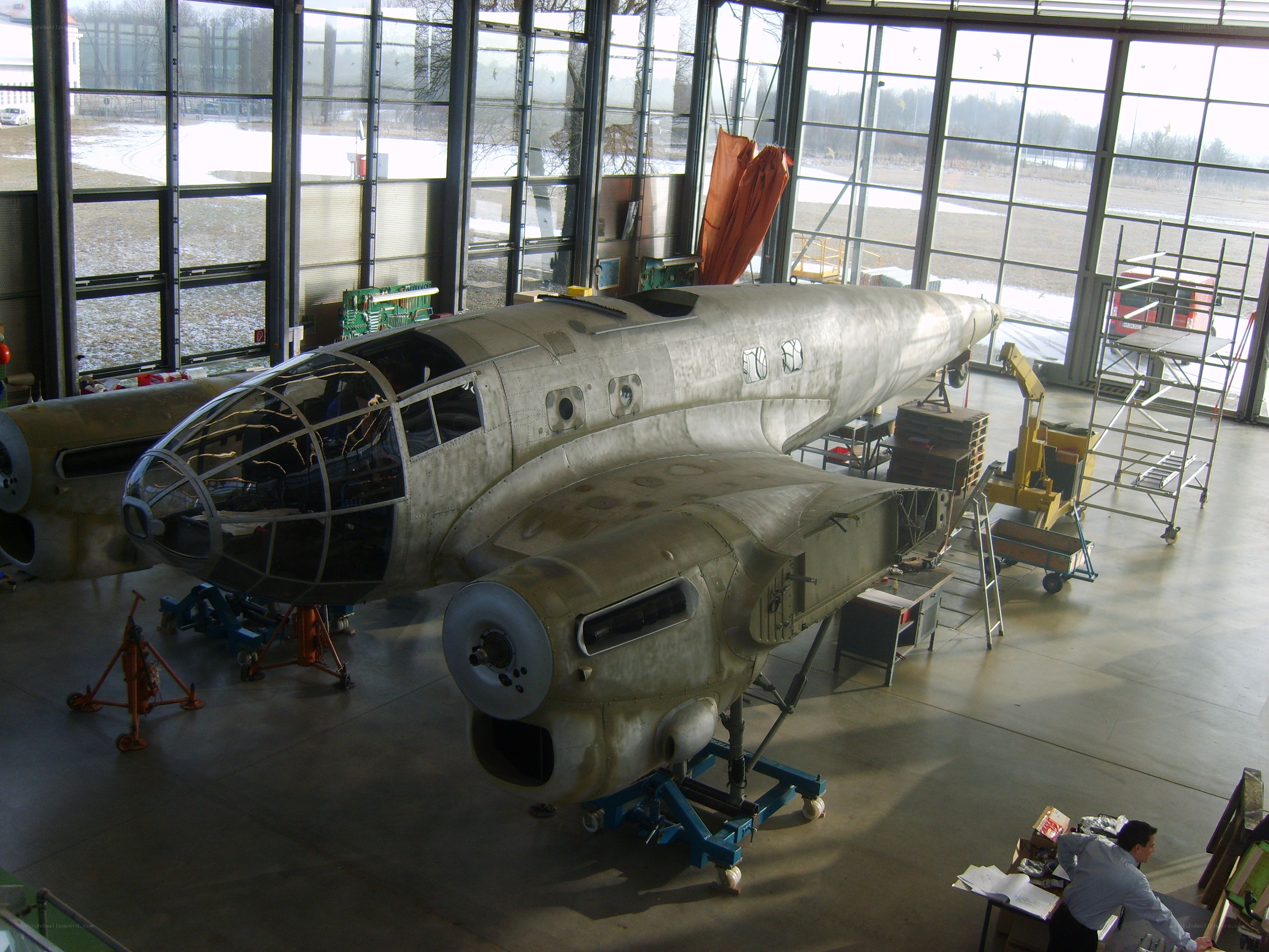 aircraft fuselage in hangar