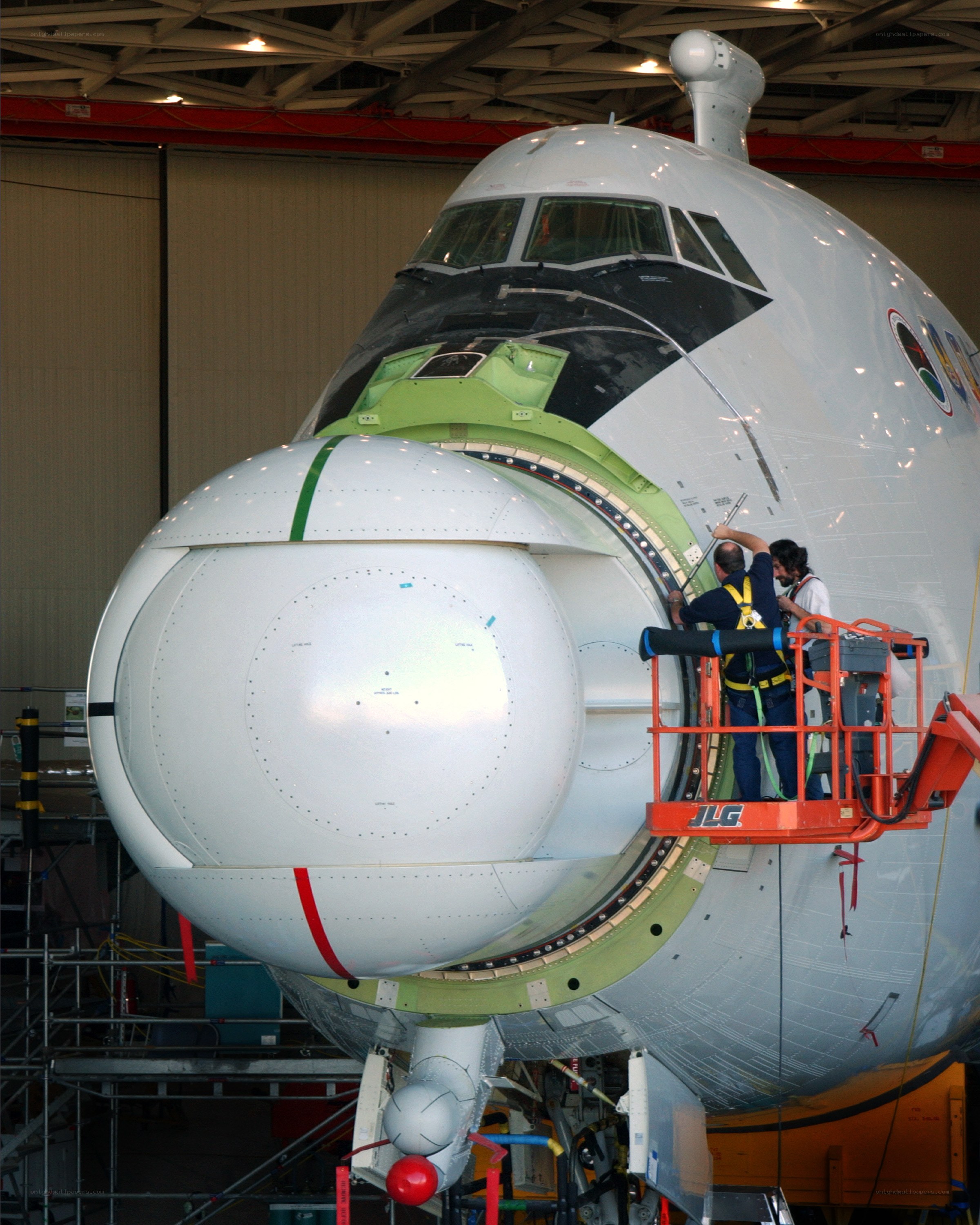 Aircraft maintenance in hangar