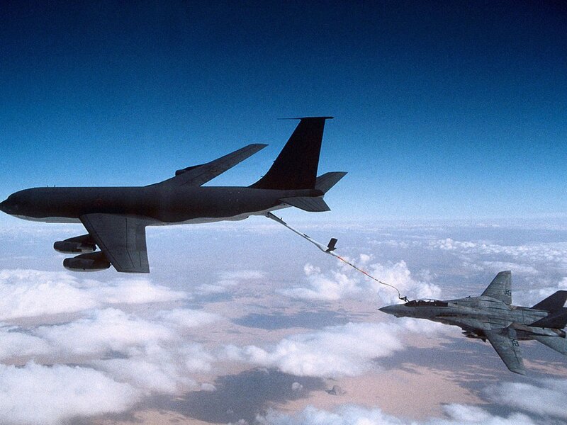 Aircraft Refueling in Flight — Blue, Dramatic, Photograph, Fighter Jet