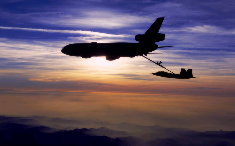 Aircraft Refueling in Flight — Blue, Dramatic, Sunset