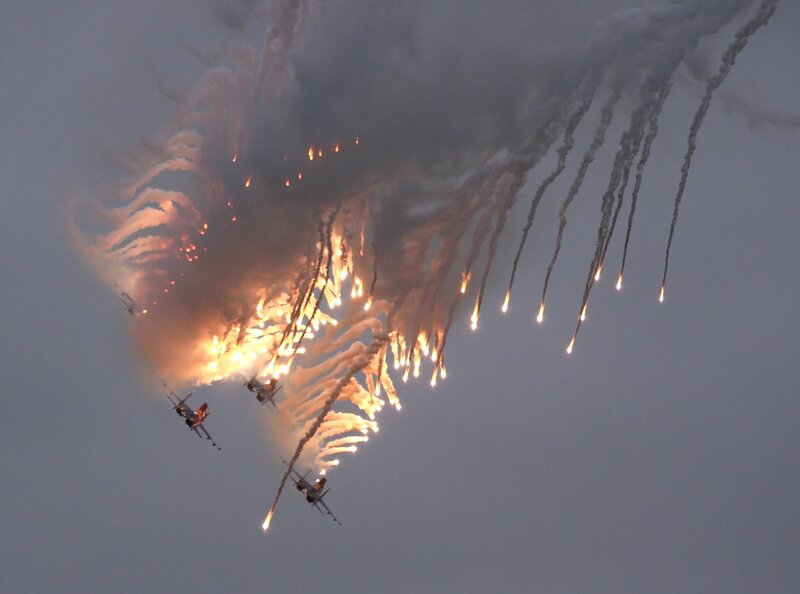 Aircraft releasing flares in formation