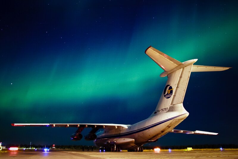Aircraft under aurora borealis