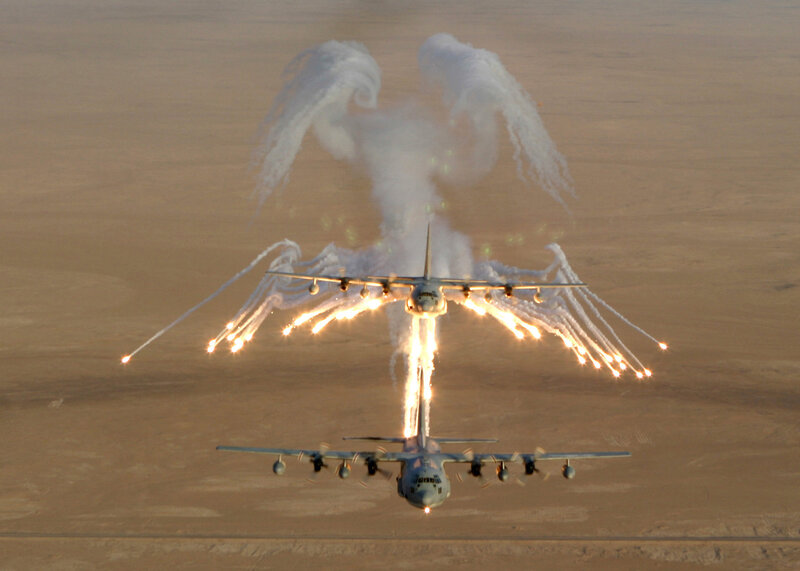 Aircraft with flares and smoke