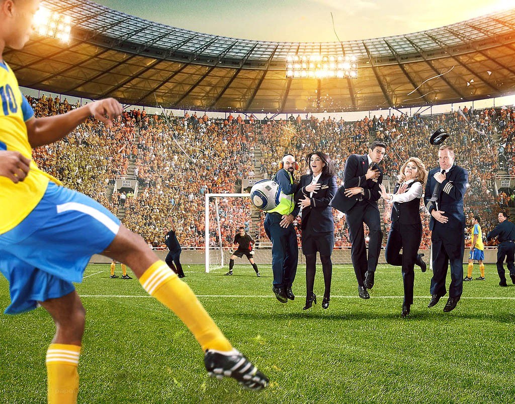 Airline crew on soccer field