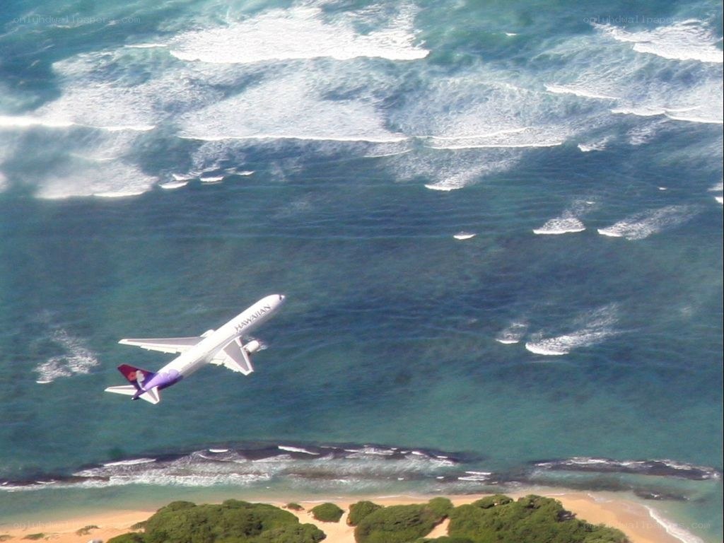 Airliner flying over ocean coast
