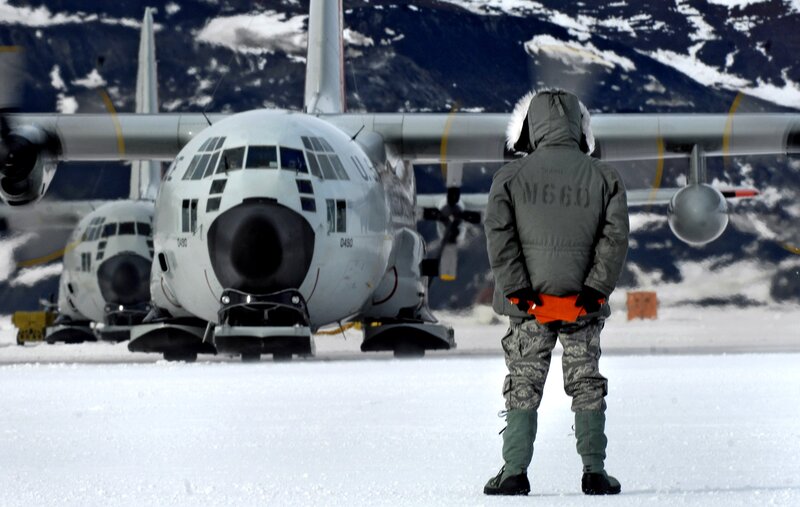 Airman at snowy airfield