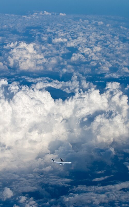 Airplane Above Clouds — Blue, Serene, Photograph
